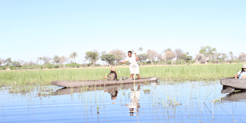Mokoro safari during a Yownn Yoga safari retreat in the Okavango Delta, Botswana.